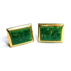 Vintage Swank Gold-Tone Rectangular Cufflinks With Green Stone Inlay